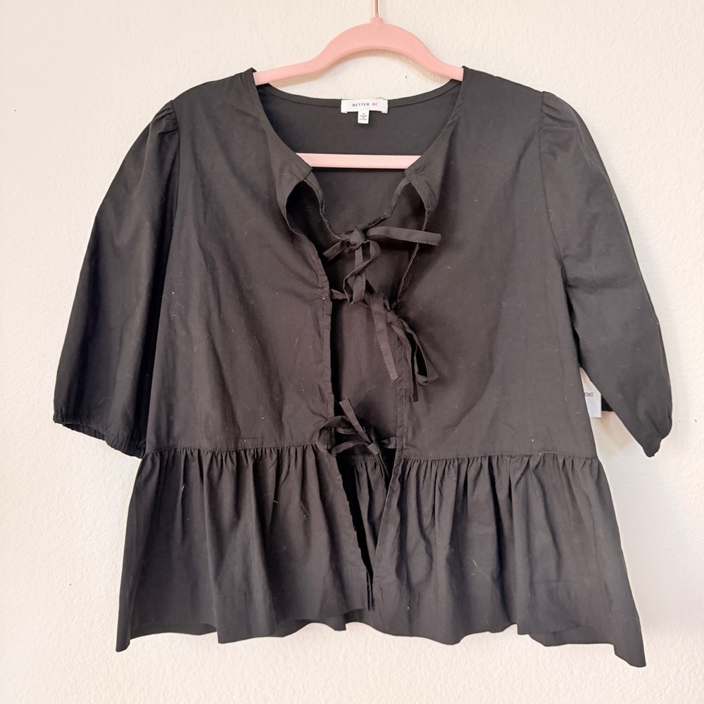 Better‎ Be Black Tie Front Peplum Blouse Coquette Babydoll Top M NWT